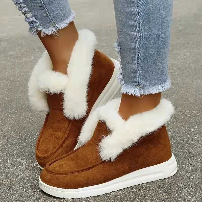 New Ladies Slip on Comfortable Ankle Boots Women Winter Warm Plush Fur Snow Boots Suede ShoesFemale Footwear Botas Femininas Z251029