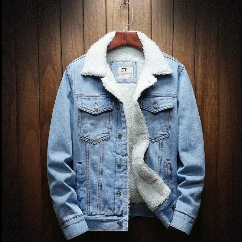 Denim Jackets Man Warm Padding Jeans Coat for Men Padded Black Wool Slim Fit with Sheep Fashion Winter Size L Trendy Large 251024