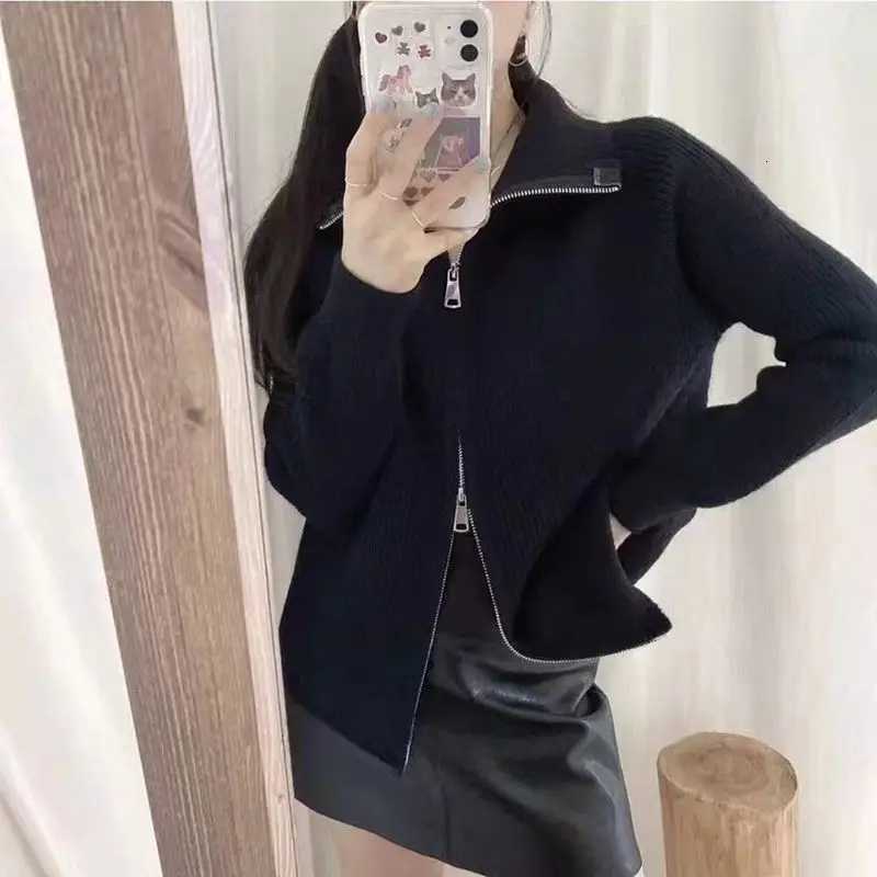 Lapel Double Zipper Sweater for Women in Spring and Autumn New Lazy Style Sweater Cardigan Stand Collar JacketT251028