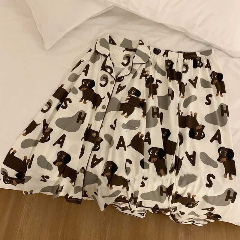 Spring Autumn 2024 Long Sleeve Womens Pajamas Set Cute Dachshund Teckel Print Cotton Two Pieces Full Length Pants Loose 43933T251029