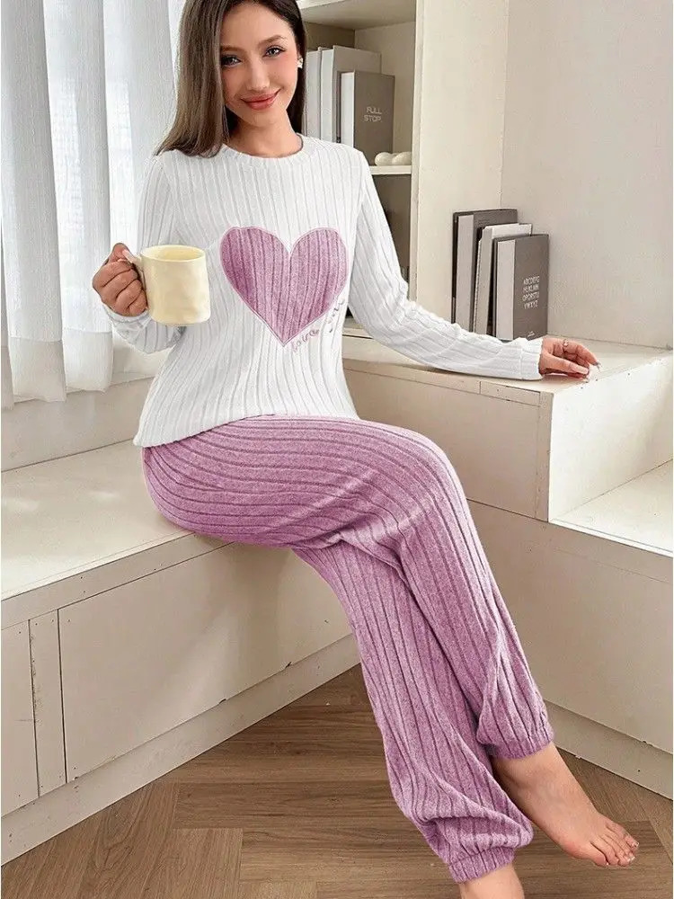 Women Sleepwear Autumn Winter Pajamas Set Casual Heart Printed Long Sleeve Tops and Trouses Sets Homewear Loungewear 251029