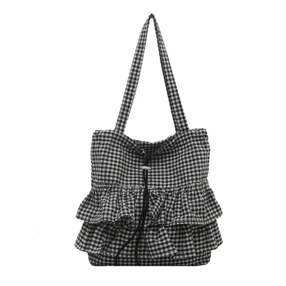 Allmatch Korean Style Lotus Leaf Shoulder Bag Large Capacity Fashion Drawstring Bag Cloth Cute Plaid Tote Bag Storage Bag 251029