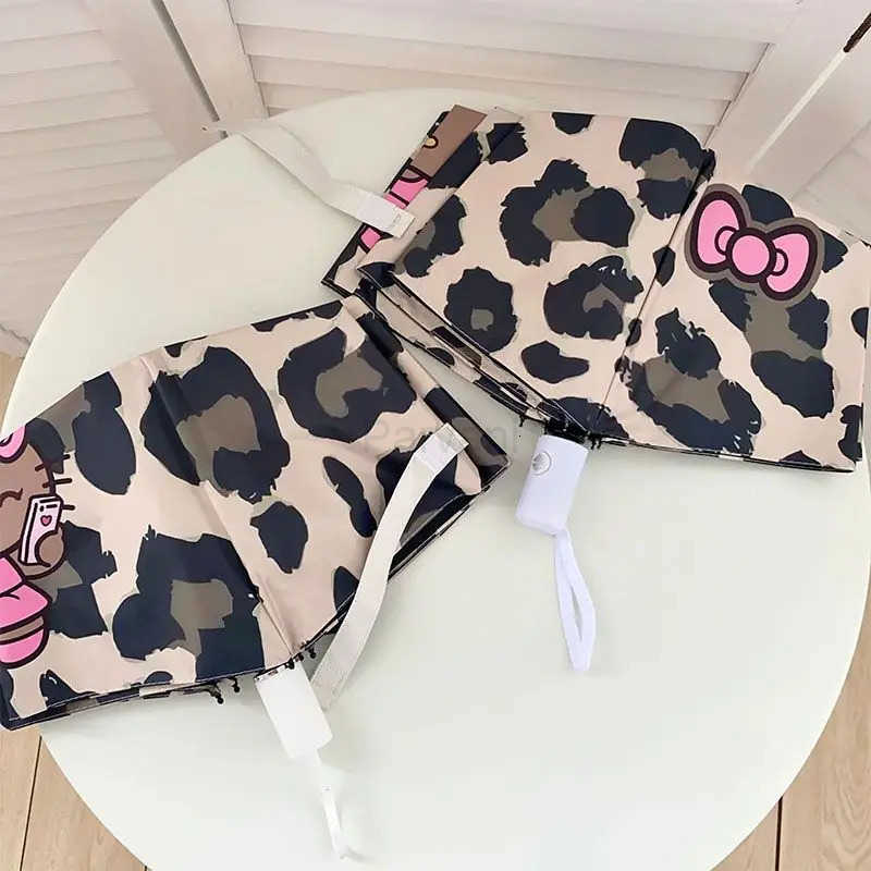 Sanrio Kawaii Hello Kitty Cartoon Umbrella Automatic Cute Sun Umbrella Leopard Print Sun Protection Uv Protection Umbrella Portable L251029