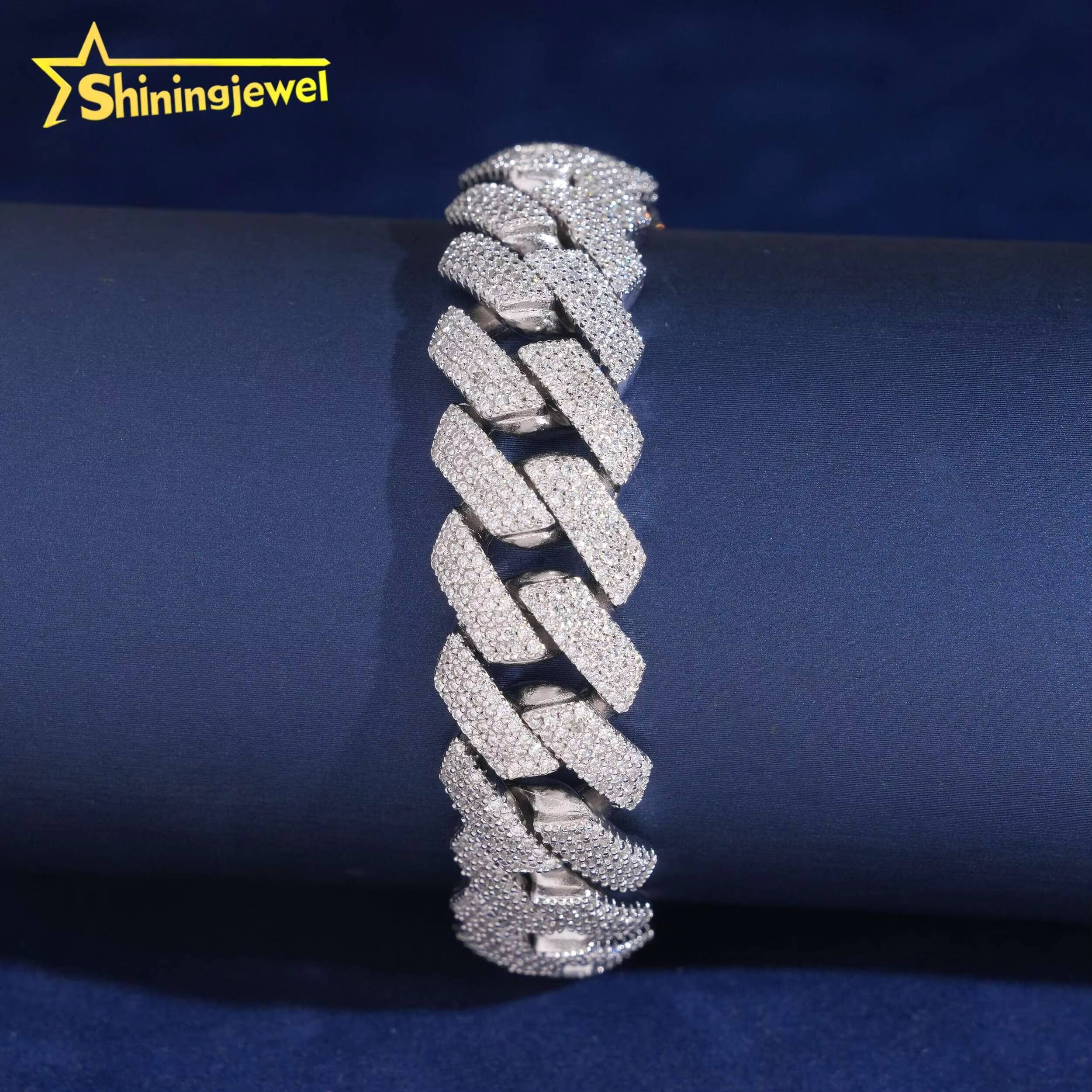 Hot Sale 15mm Cuban Chain Moissanite Men Hip Hop Sterling Silver 925 Gold Plated Moissanite Pass Diamond Test Cuban Bracelet