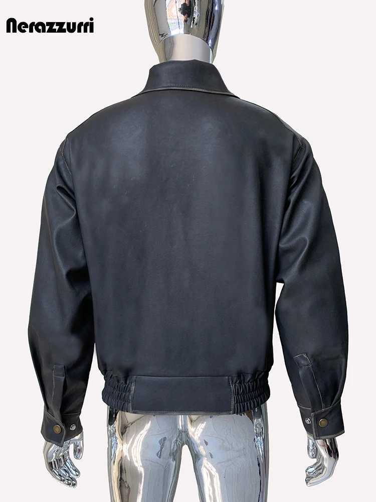 Nerazzurri Spring Autumn Short Washed Distressed Black Faux Leather Jacket Men Turndown Collar Luxury Designer Emo Clothes 2024T251029