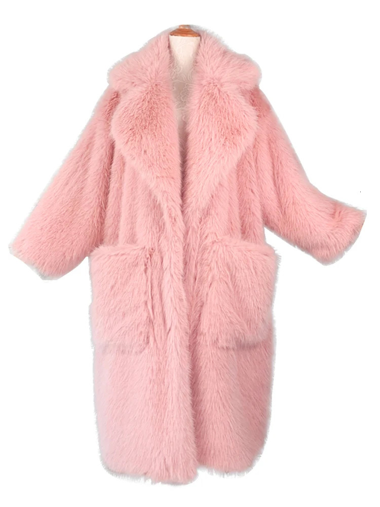 Lautaro Winter Long Oversized Pink Thick Warm Soft Shaggy Fluffy Faux Fur Coat Women Pockets Lapel Loose Sweet Cute Fashion 251029