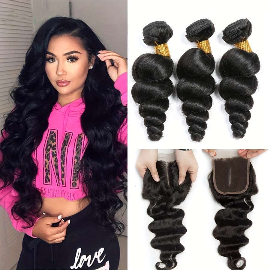 Bundles Peruvian Virgin Human Hair Loose Wave 4X4 Closure, Natural Look & Durable For Women Of All Ethnicities