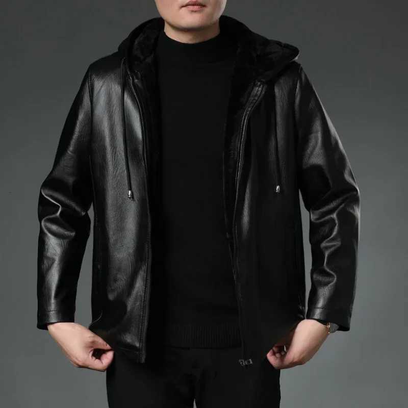 Mens Hooded Motorcycle Leather JacketWinter Thick Fleece Warm and Windproof Casual Mens Fashion Fake Leather JacketT251029