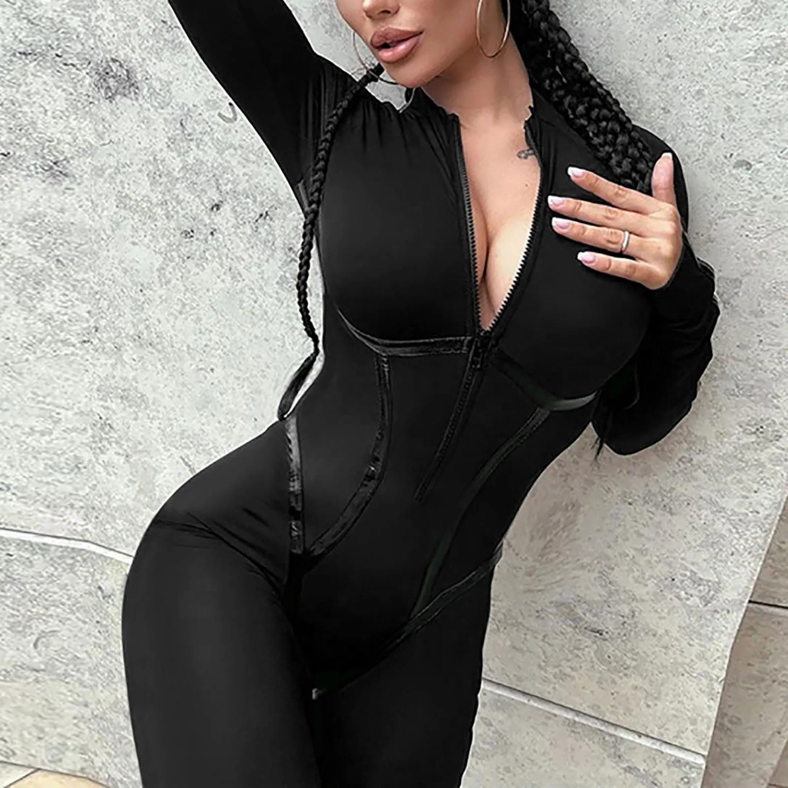 Sexy Skinny Black Jumpsuit Women Overalls ONeck Full Sleeve Zipper Up Sporty Jumpsuits Yoga Rompers Streetwear Playsuit 251027