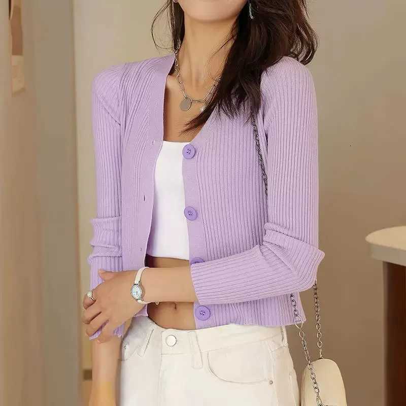 Womens Knitted Cropped Cardigans Autumn New Korean AllMatch VNeck Knitwear Jacket Ladies Solid Color SingleBreasted SweatersT251028