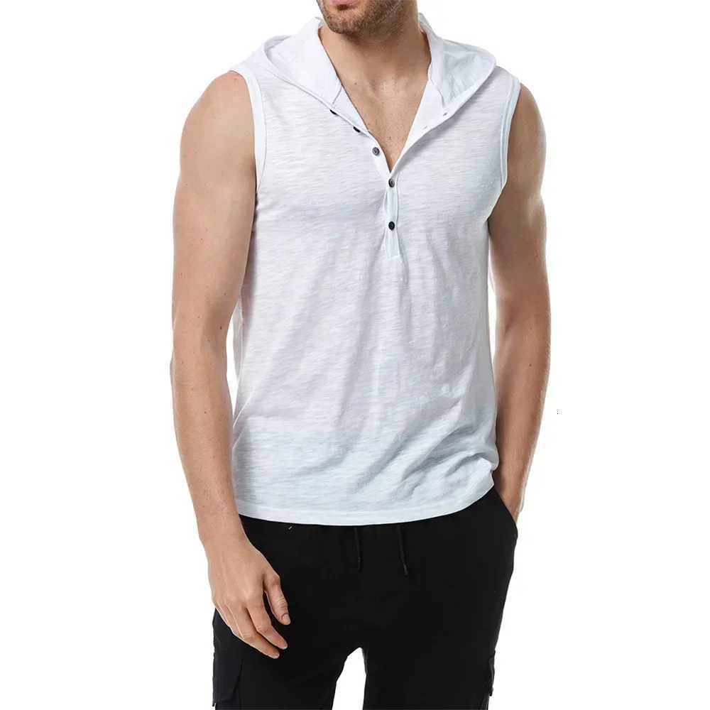Men Cotton Hooded Tank Solid Color Half Button Sleeveless Tshirt Solid Color Breathable Lightweight Fashion Casual Vest W251029