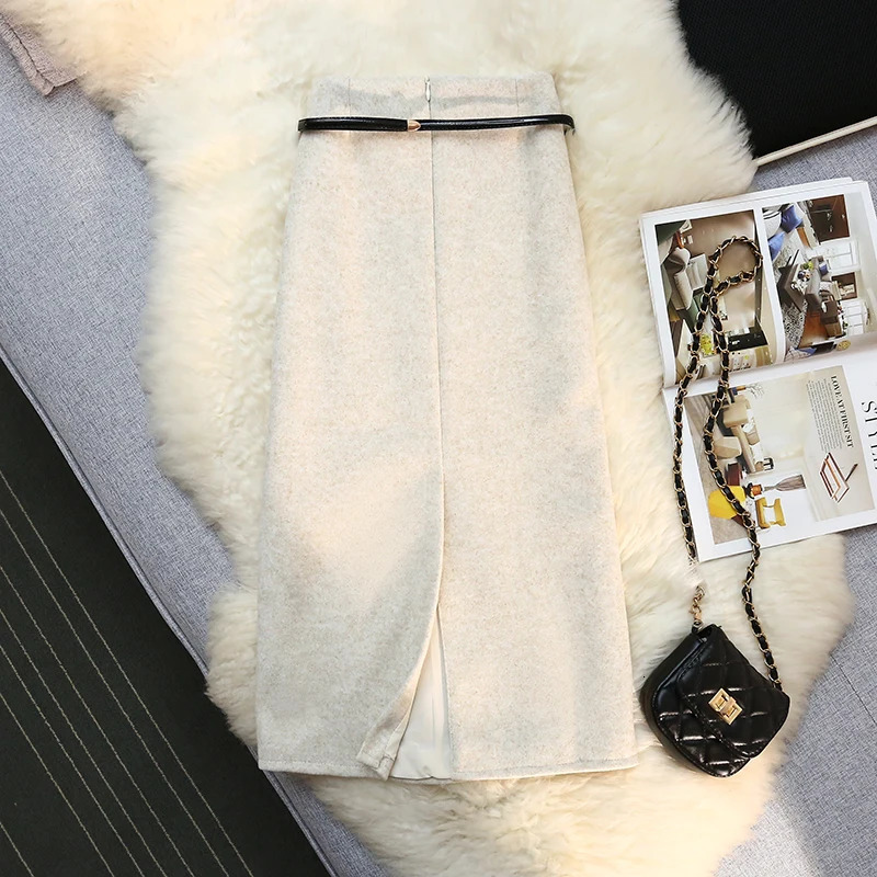 Seoulish 2024 Autumn Winter Wrapped Woolen Midi Skirts for Women Fashion High Waist Solid Color Office Lady Straight Skirts 251028