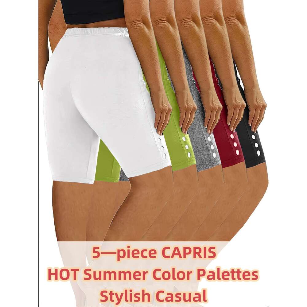 New Set of 5 Large Size 5-Inch Length Sports Shorts, Solid Button Decorative Fiess Leggings, Workout Yoga Tights, Running Pants, Summer Women'S C