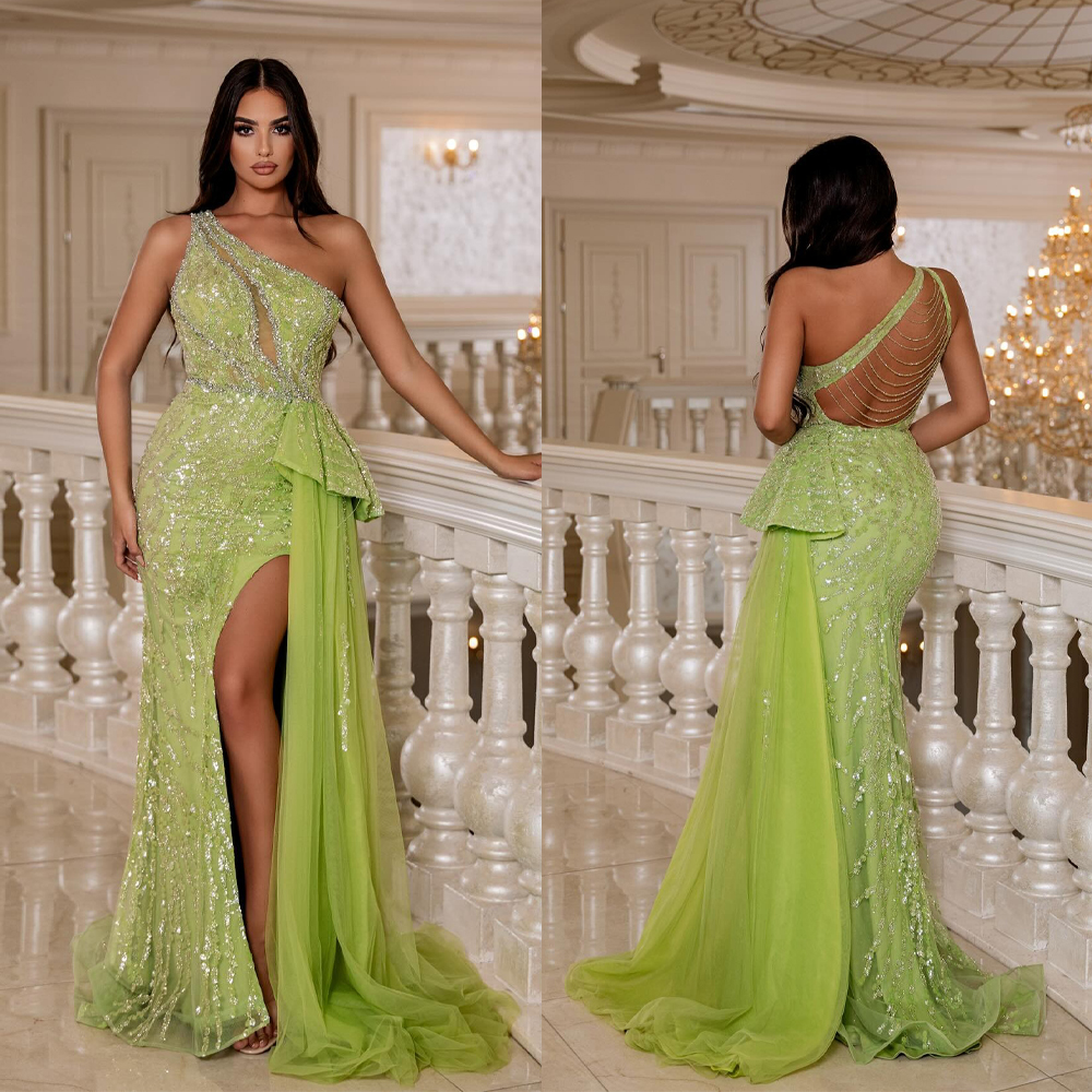 Modern Sequins Evening Dresses Beading Prom Gown Backless Sleeveless High Split Mermaid Party Dress Customized Vestidos De Noche Plus Size