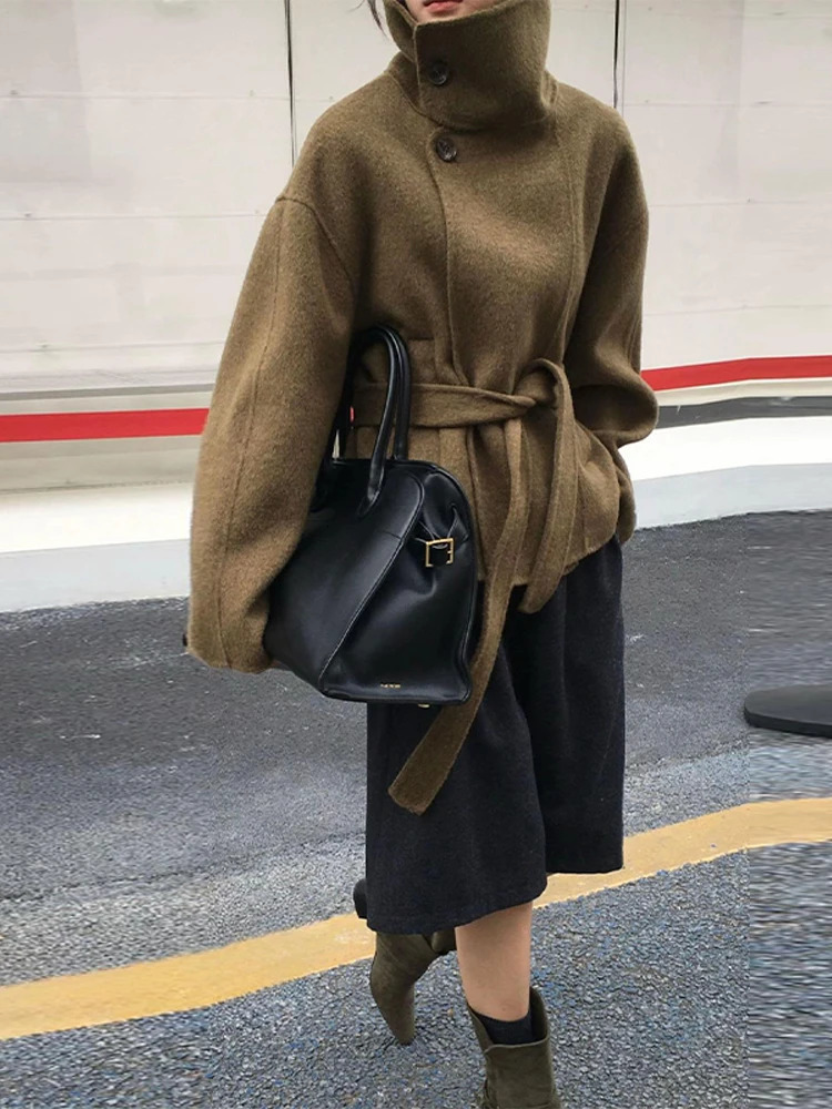 Casual Stand Collar Tweed Coat Women Retro Elegant Single Breasted Solid Belt Coats Lady 2025 Winter Classic Chic Street Outwear 251029