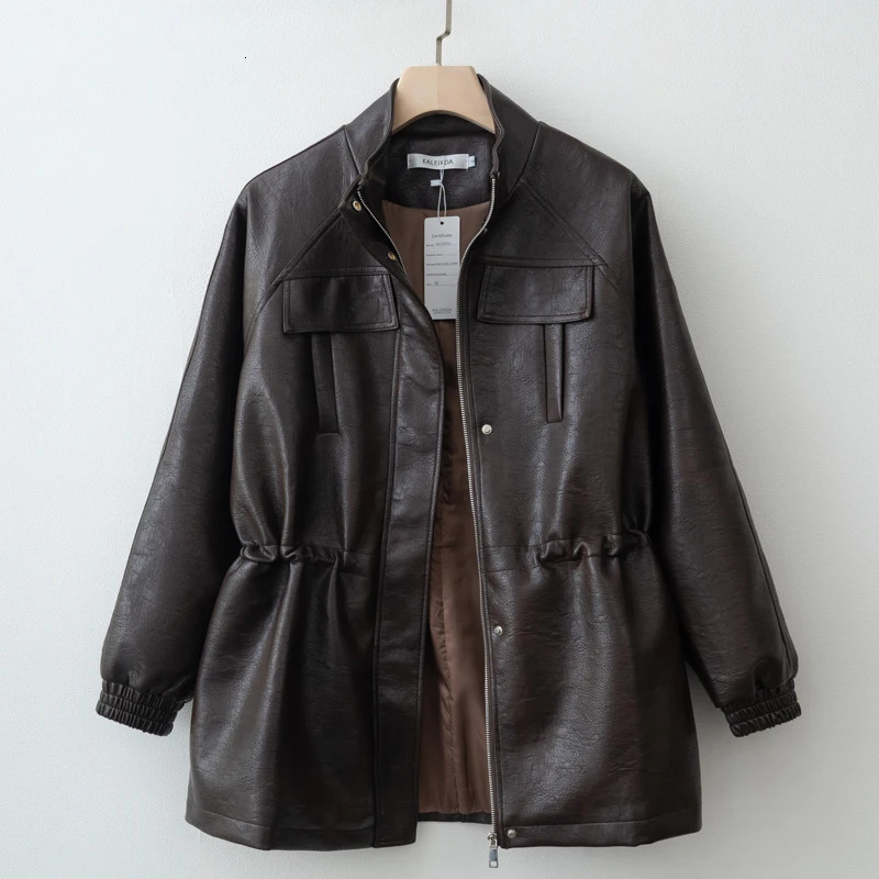 Women Fashion 2025 Fall Autumn Pu Leather Jacket with Elastic adjustable waist Female Coat and Outerwear 251029