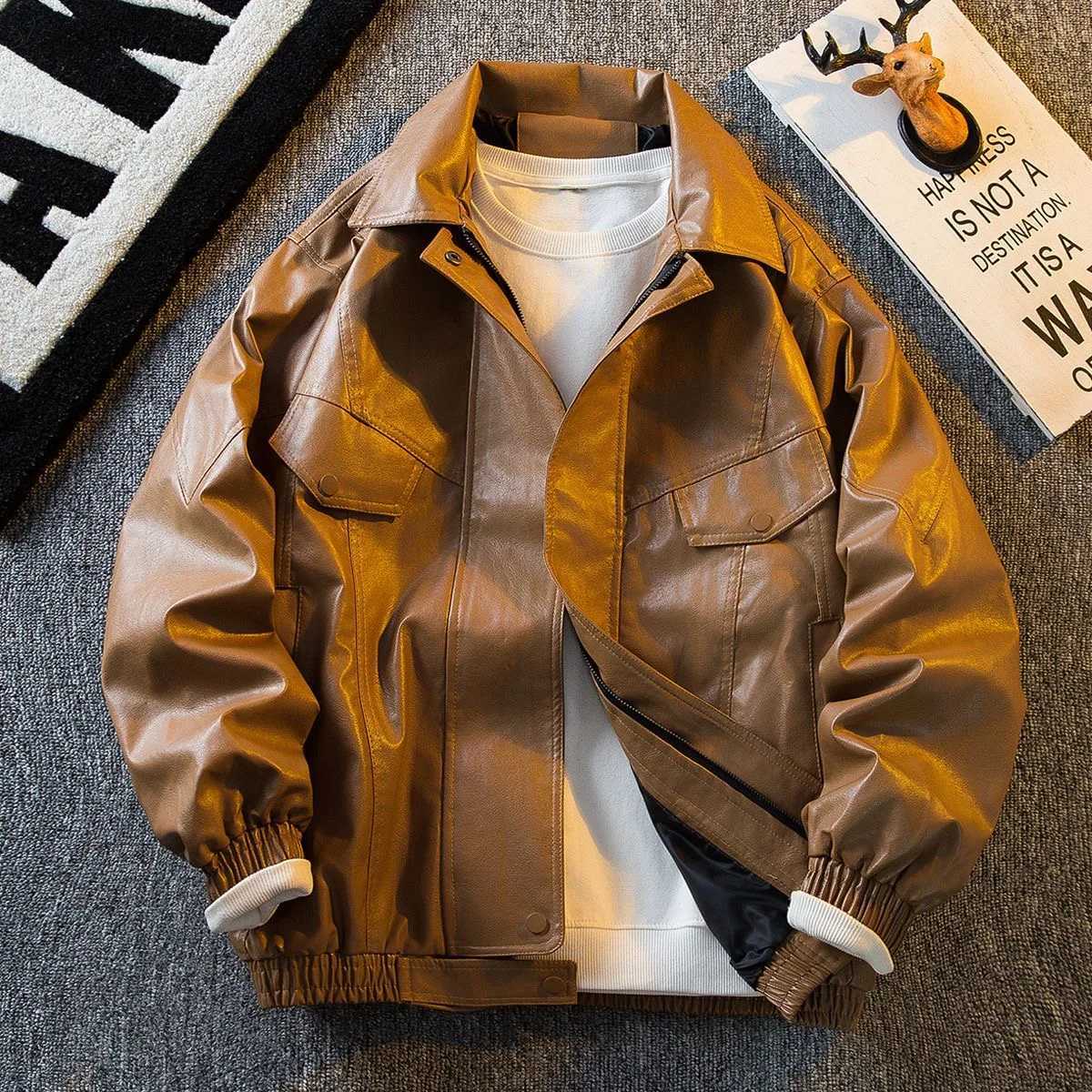 Spring and Autumn New Fashion Trend Retro Solid Color PU Leather Jacket Mens Casual Loose Sports Motorcycle Large Size CoatT251029