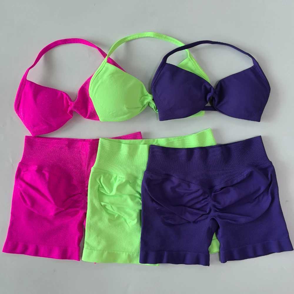 NO 2PCS Gym Set Women Strappy Yoga Bra Top High Waist Workout Scrunch Shorts Sports Suit Seamless Yoga Set Fitness ClothesXJ251029