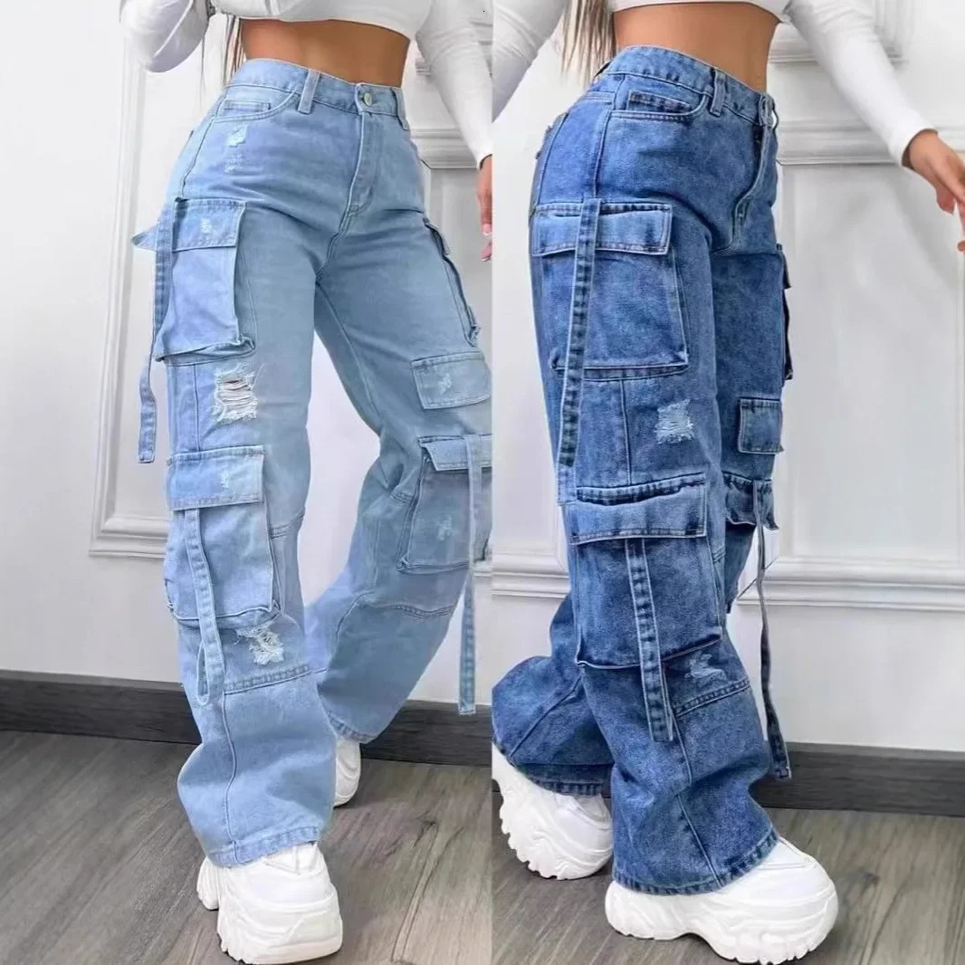 2025 Fashion Pure Color Casual Workwear Denim High Waist Multi Pocket Loose Fit Womens Jeans Versatile plus Size 251029