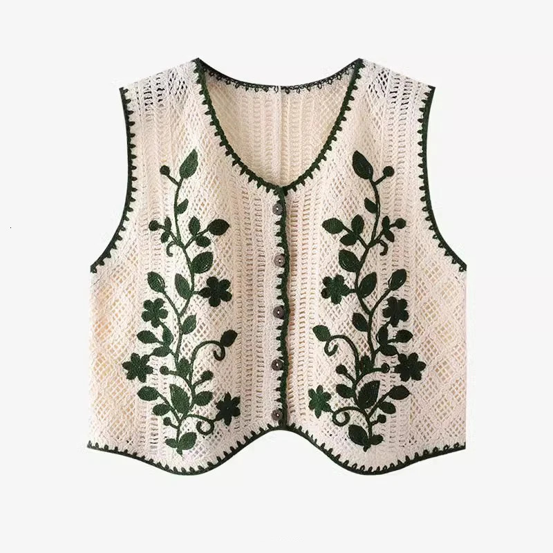 Flower Embroidery Crochet Waistcoat Top Sleeveless Button Front Vest Cardigan Women Spring Summer Vintage Fairycore Cottagecore 251029