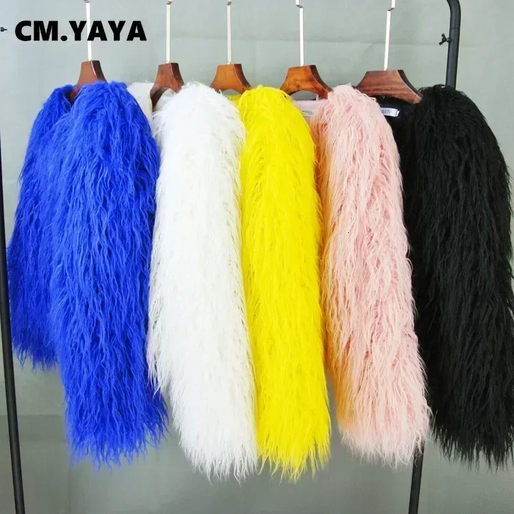 CMYAYA Solid Faux Fur Coats Women Full Sleeve Oneck Open Stitch Covered Button Fur Jackets Winter Autumn Warm Fashion 251029