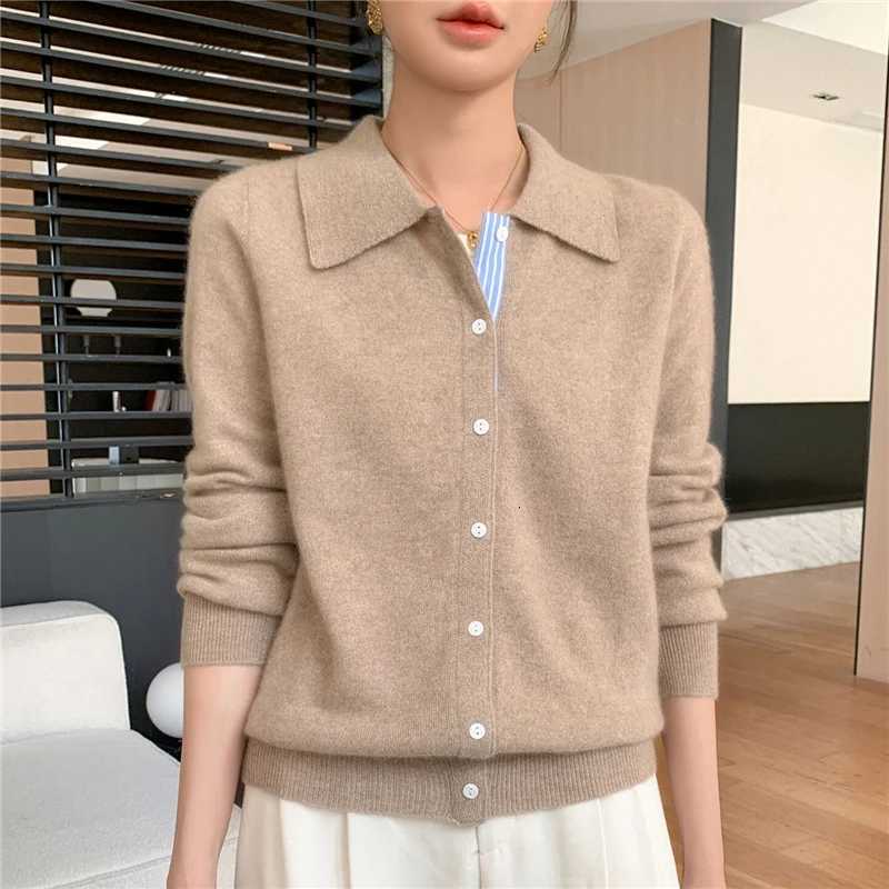 Womens Polo Collar Shirt Cardigan Merino Wool Sweater Longsleeve Color Bar Clothing Spring Autumn Warm Knitwear Female TopT251028