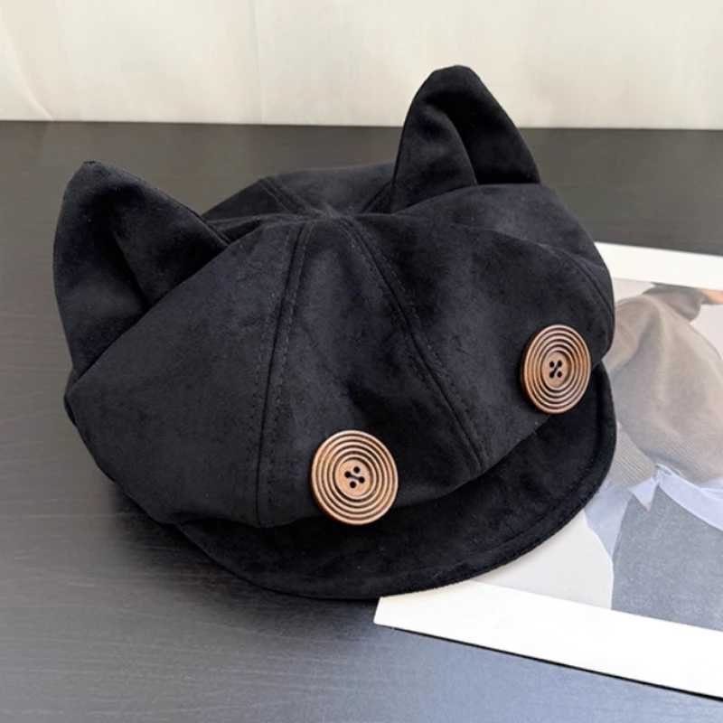 Niche Suede Velvet Cat Ears Octagonal Newsboy Caps Womens Autumn and Winter Large Fashion and Versatile Literary Berets