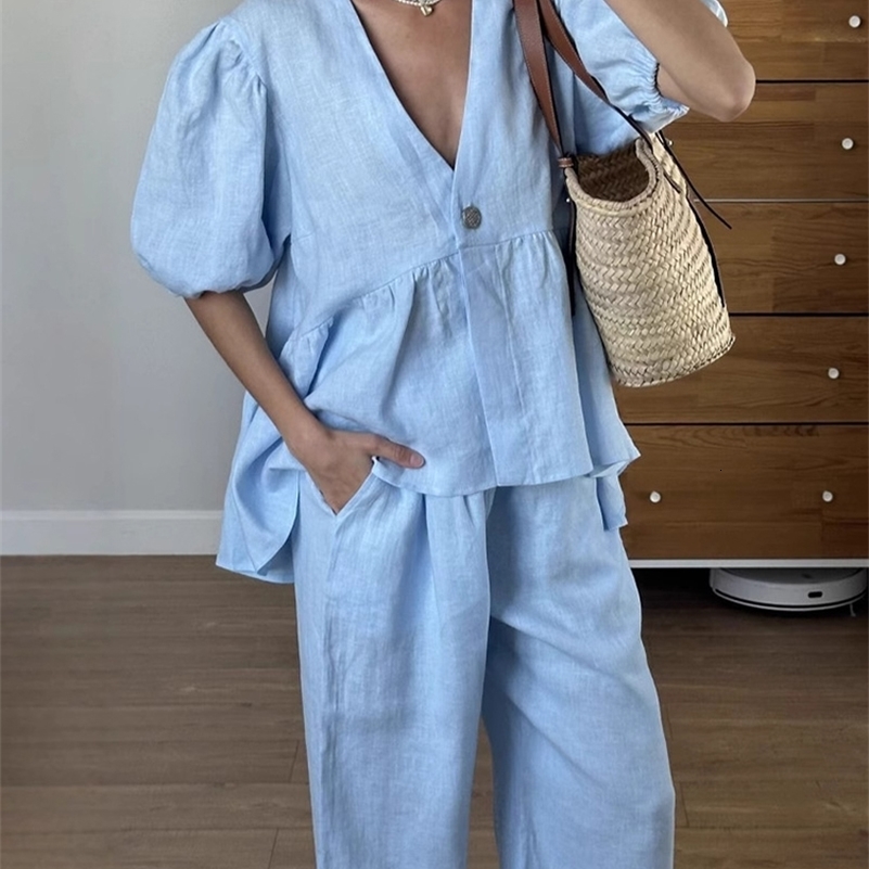 Mumaroho 2025 Women Spring Summer Holiday Pant Set Suits Cotton Solid Outfits Vneck 2 Two Piece Matching Set For Women 251028