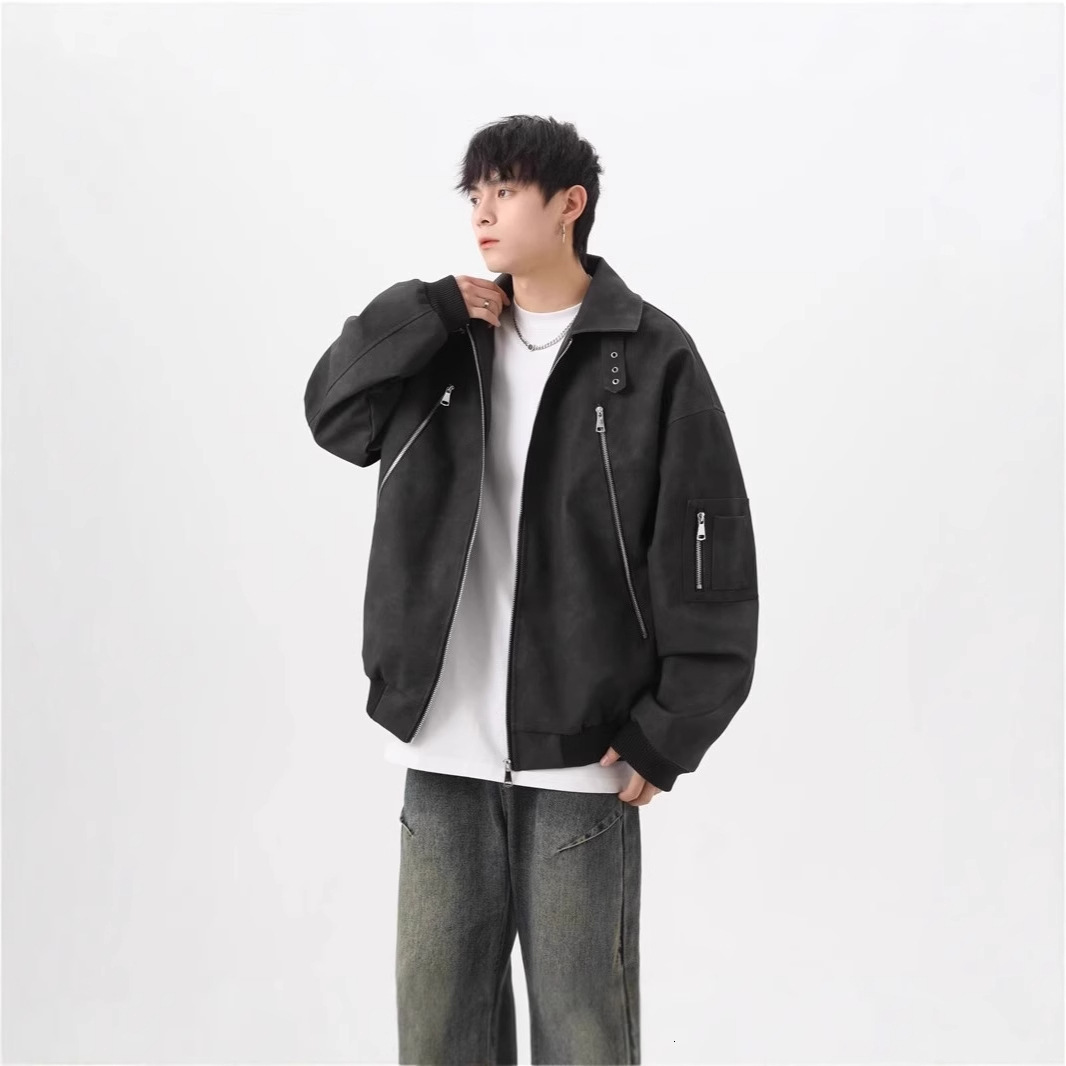 American High Street Unisex Vintage Motorcycle Stand Collar Leather Jacket Men Vintage Designer Jacket Stand Collar Zipper Design Coat