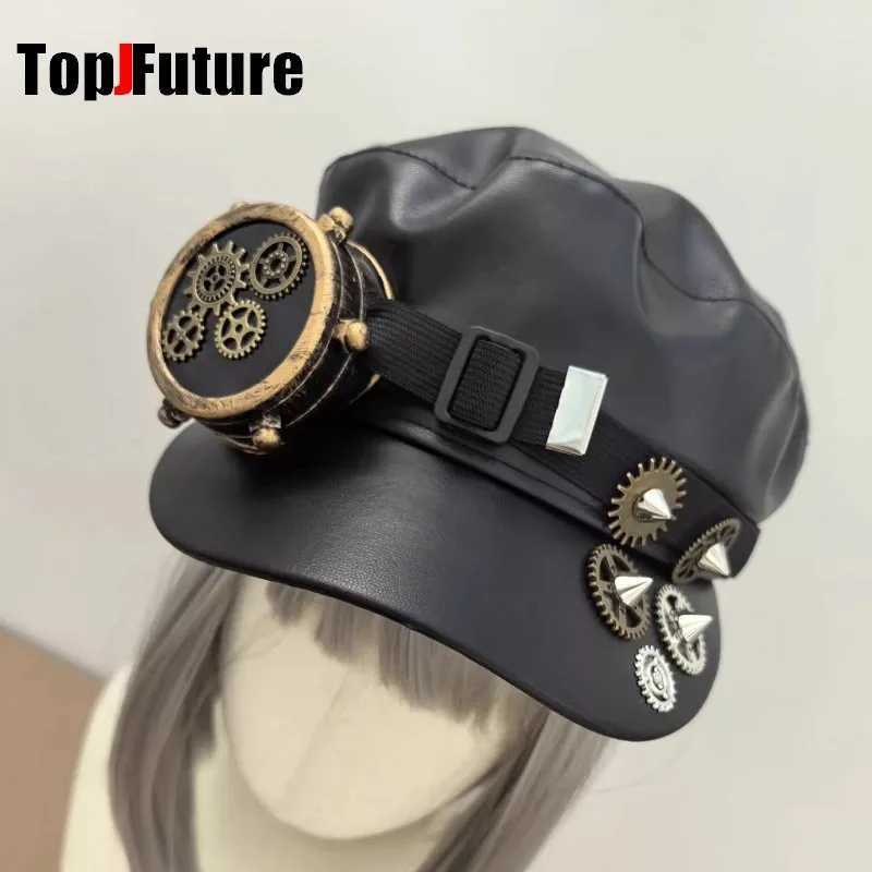 Steampunk Lolita Handmade Gear Monocular Protective Mirror Newspaper Hat Dark Gothic Rivet Duckbill cap Women Men Leather cap