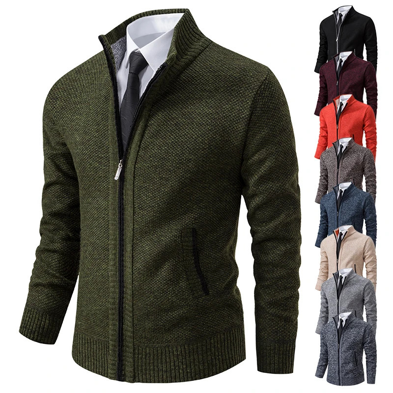 Autumn And Winter Mens Casual Sports Coat Solid Color Stand Collar Wweater Grab Fleece Warm Zipper Cardigan 251029