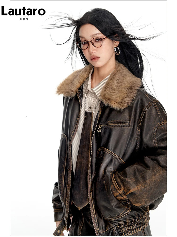 Lautaro Spring Autumn Cool Handsome Vintage Distressed Brown Pu Leather Jacket Women Faux Fur Collar Clothing 251029