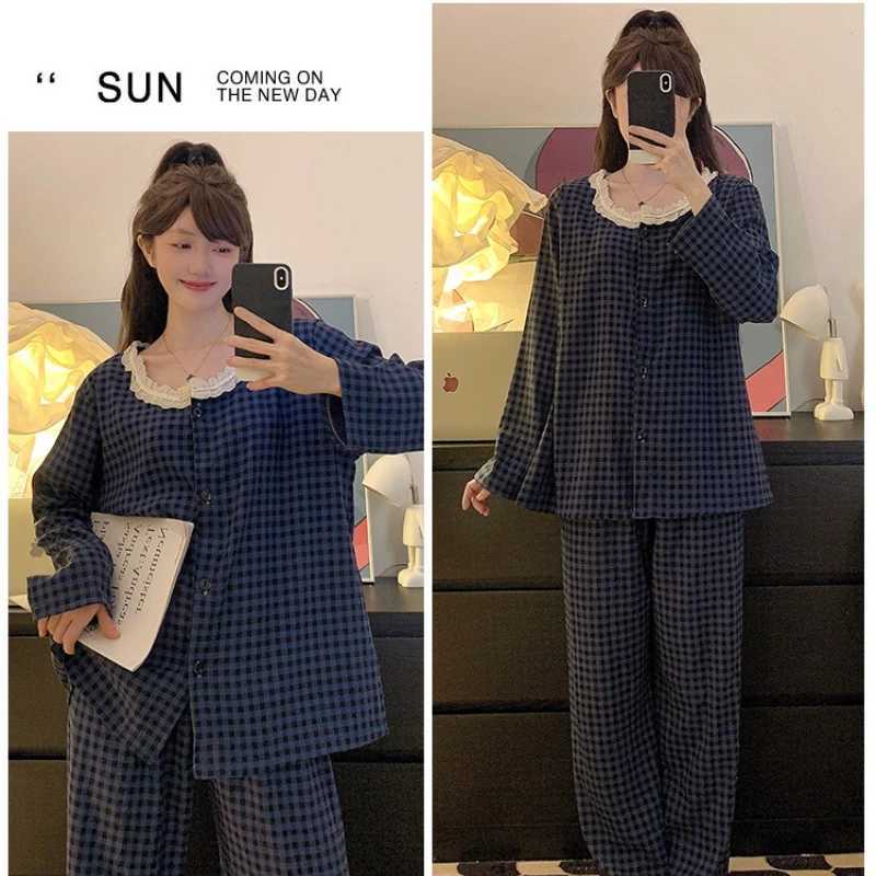 M5XL Large Size Cloud Cotton Spring Autumn Pajamas Womens Korean Students Ins Plaid Sleepwear Longsleeved Loose LoungewearT251029