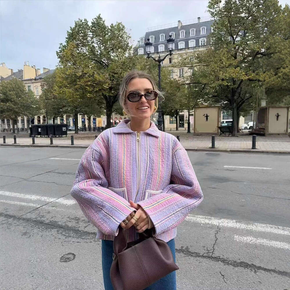 European style new women's fashion versatile temperament striped print lapel long sleeve loose cotton coat