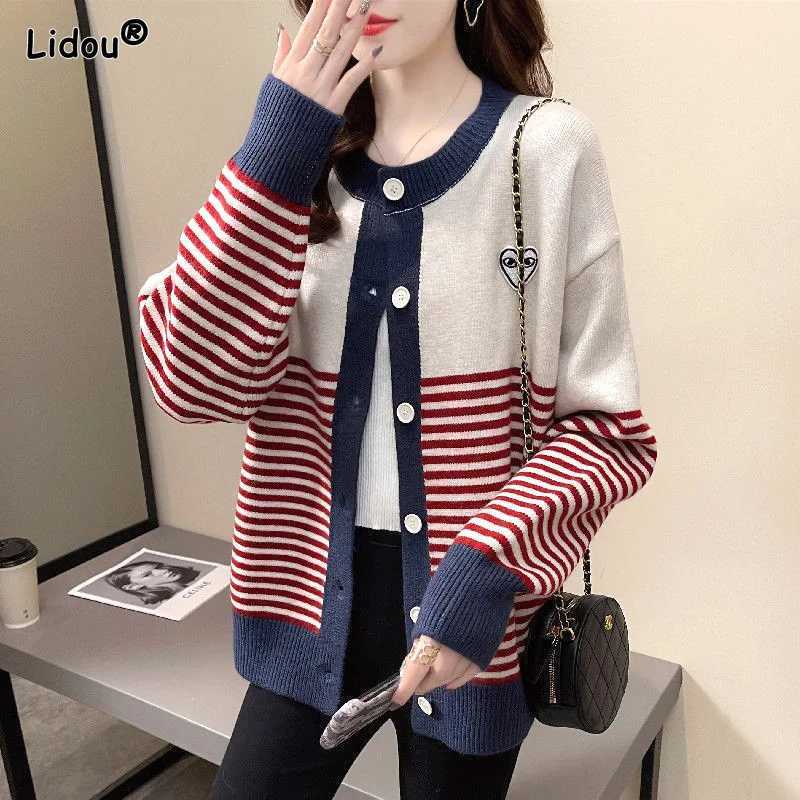 Korean Appliques Thick Autumn Winter Sweaters Striped ONeck Slim Womens Clothing Knitting Single Breasted Cardigan Lazy StyleT251028