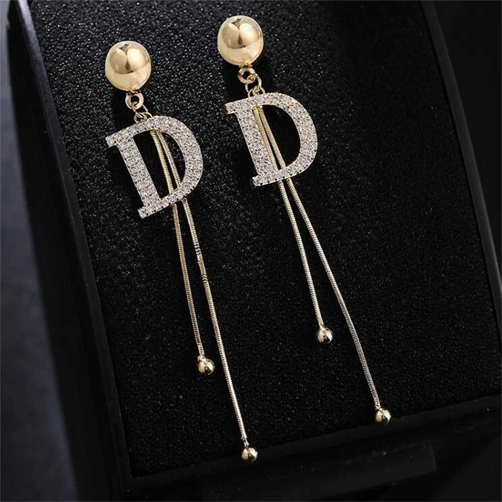 Bead Tassel Long Simple Earring Trend Gold Color Crystal Letter D Earrings Elegant Jewelry AccessoriesW251029