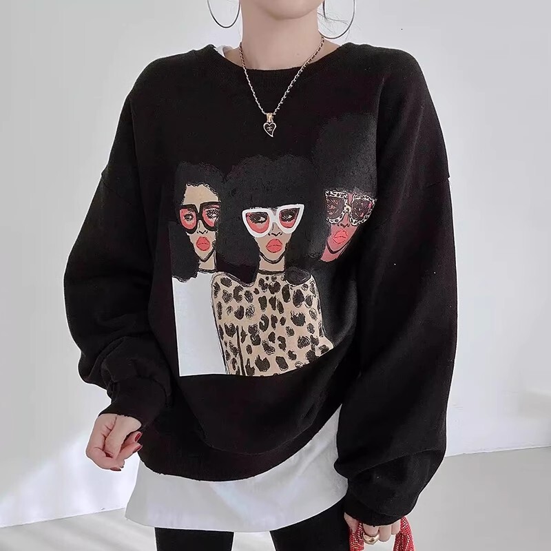 Designer Fashion Autumn/Winter Retro Personalized Round Neck Cartoon Printed Design Loose New Multi functional Long Sleeve Wool Women's Sweatshir