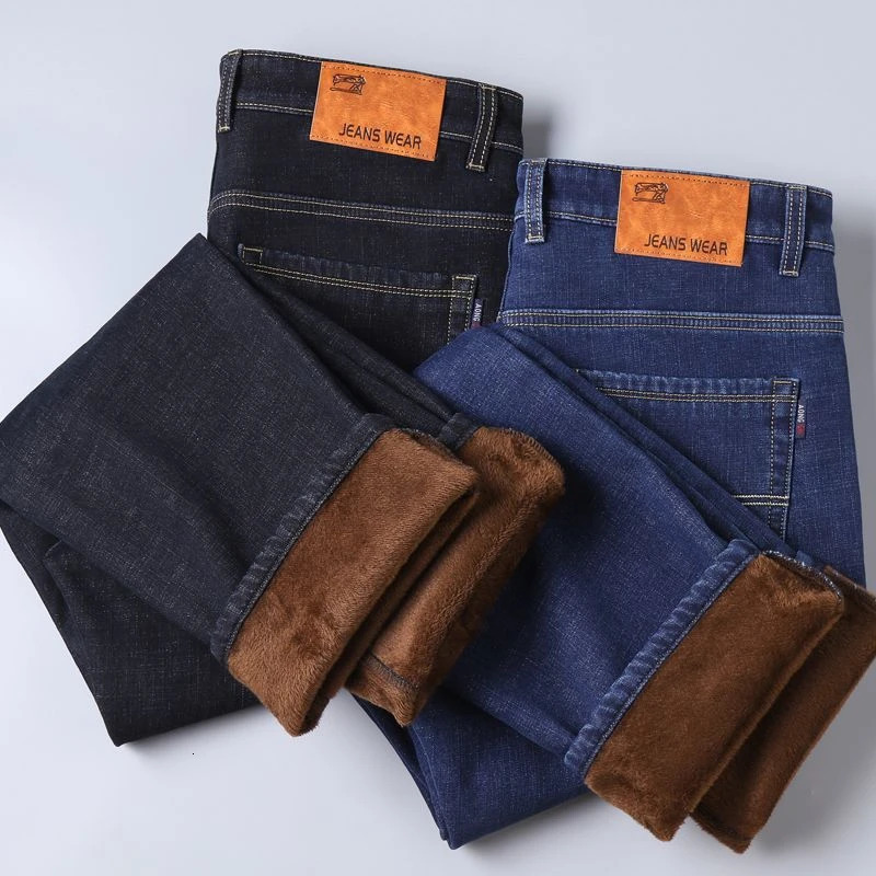 Autumn Winter Warm Flocking Denim Soft Man Activities Fleece Line Men Jeans Black Blue Grey Colors 251029
