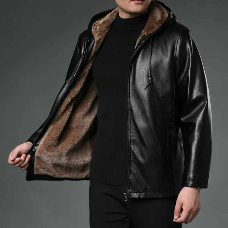 Mens Hooded Motorcycle Leather JacketWinter Thick Fleece Warm and Windproof Casual Mens Fashion Fake Leather JacketT251029