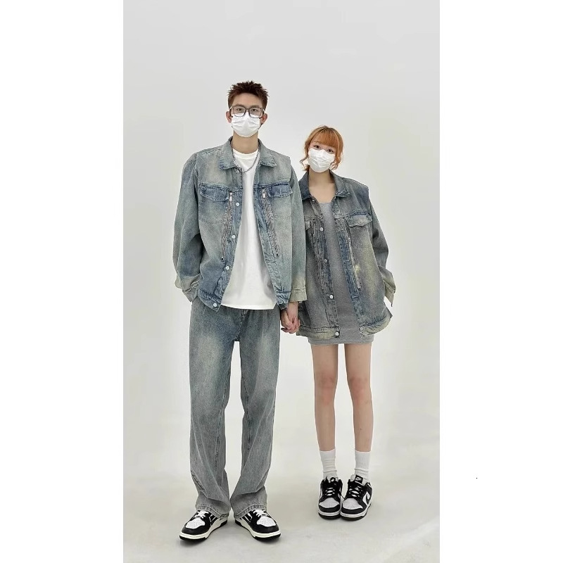 2025 American Heavy Industry Washed Straight Shoulder Padded Designer Jacket Denim Jacket For Men And Women Spring New High-end Trendy Top