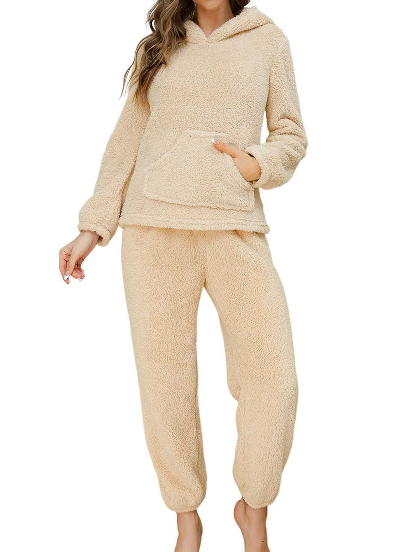 2 Set Winter Thickened Soft Plush Women Flannel Pajamas Set Long Sleeve Hoodie Fleece Loungewear Casual Warm Fuzzy Lounge SetT251029