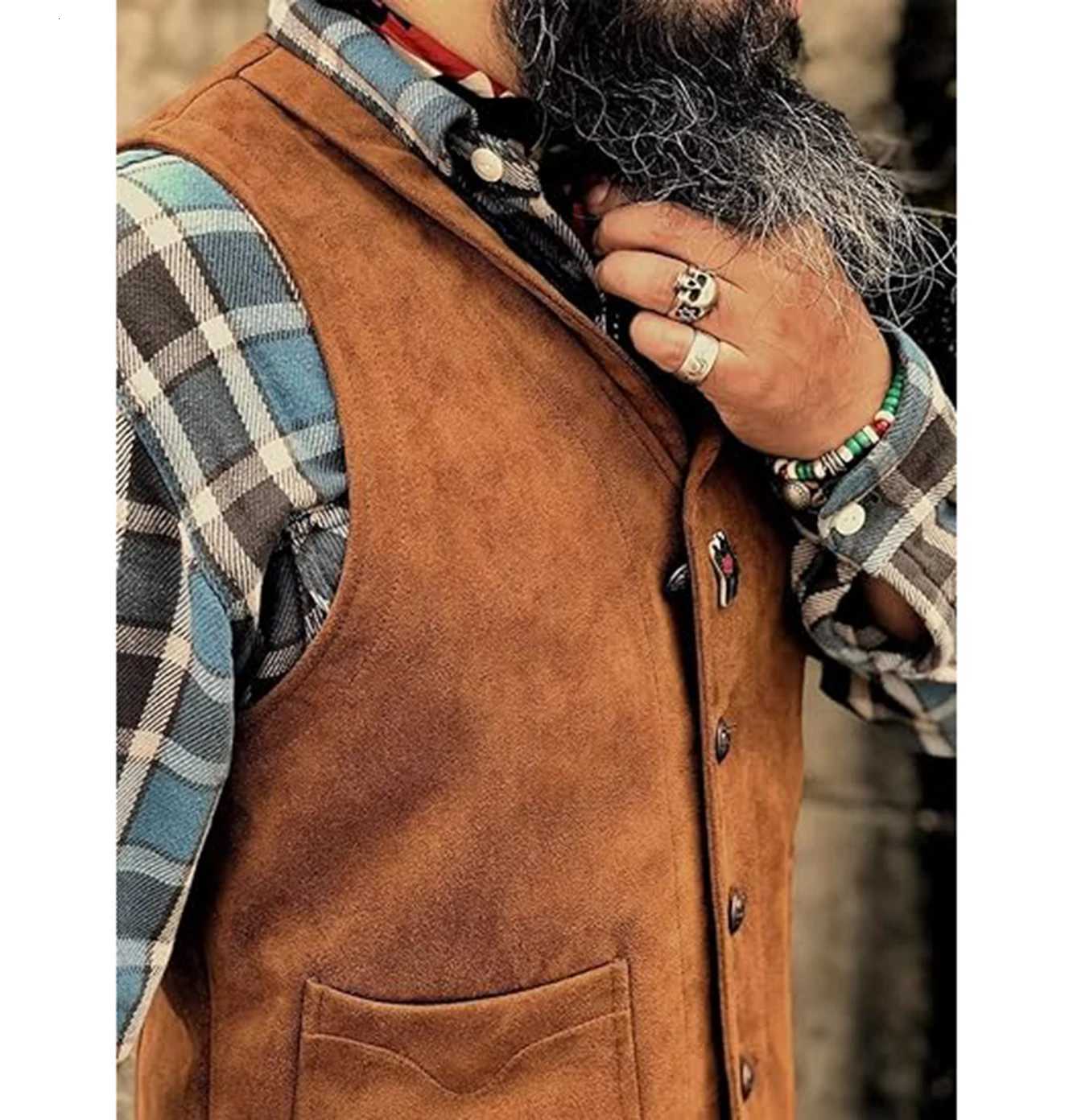 Mens Suede Leather Vest Cowhide Waistcoat Man Western Cowboy Vests with Pockets W251029