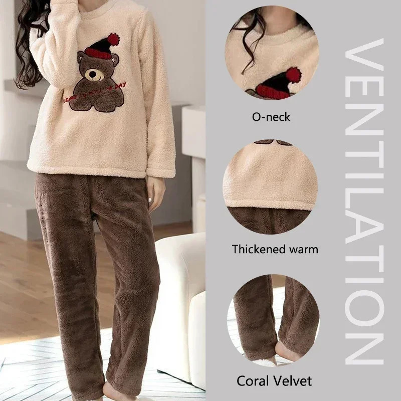2 Piece Set Thickened Long Sleeve Trouser Set Couple Loungewear Women Flannel Cartoon Bear Gray TwoPiece Set Sleepwear Homewear 251029