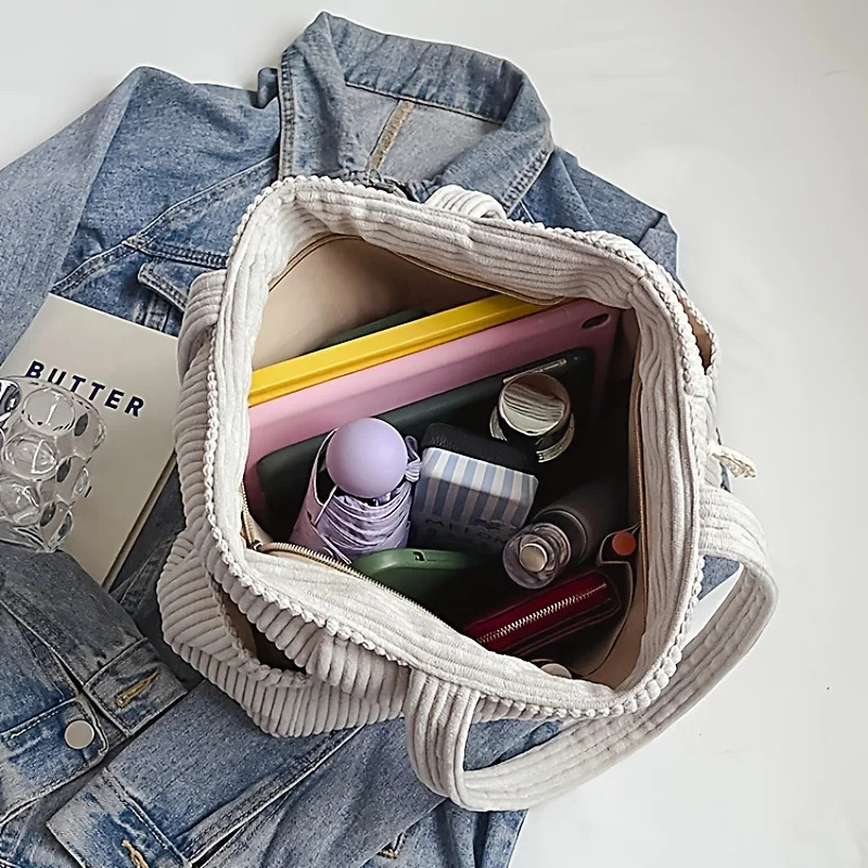 WomenS Corduroy Tote BagVersatile HandbagLarge CapacityMultiPocket Zipper Closure Polyester Lined Christmas Gift 251029