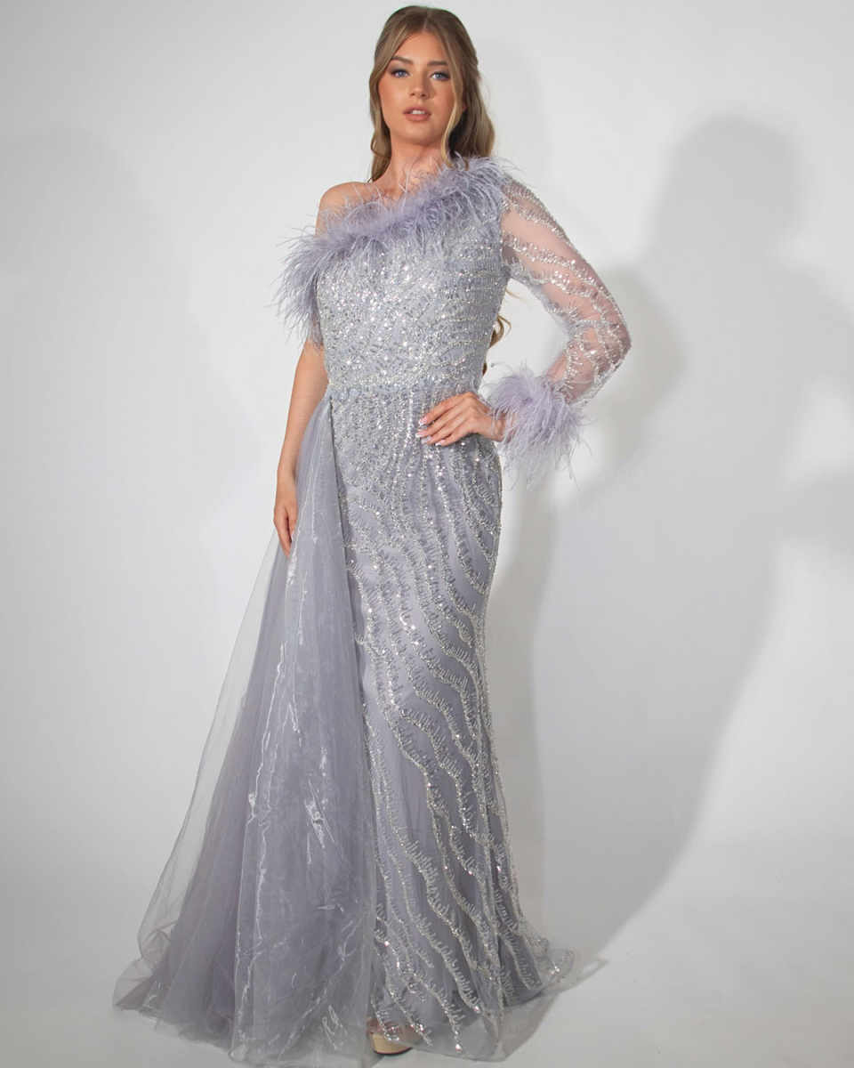 Luxury Mermaid Evening Dress One-Shoulder Long Sleeves Feather Sequined Wedding Party Gown Customized vestidos de gala