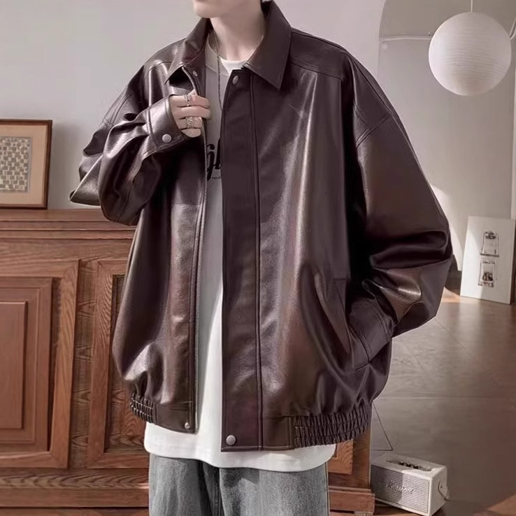 2025 American Style Designer Jacket Leather Jacket For Men Autumn And Winter High-end Feel Cool And Trendy Brand Casual Loose PU Leather Turn-down Col