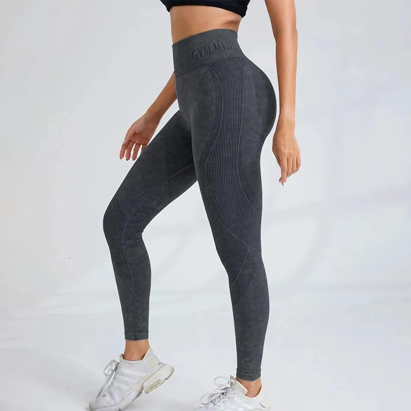 Women Seamless Gym High Waist Yoga Pants Hip Lifting Outdoor Sports Tight Letter Sand Washed Exercise Leggings 251029