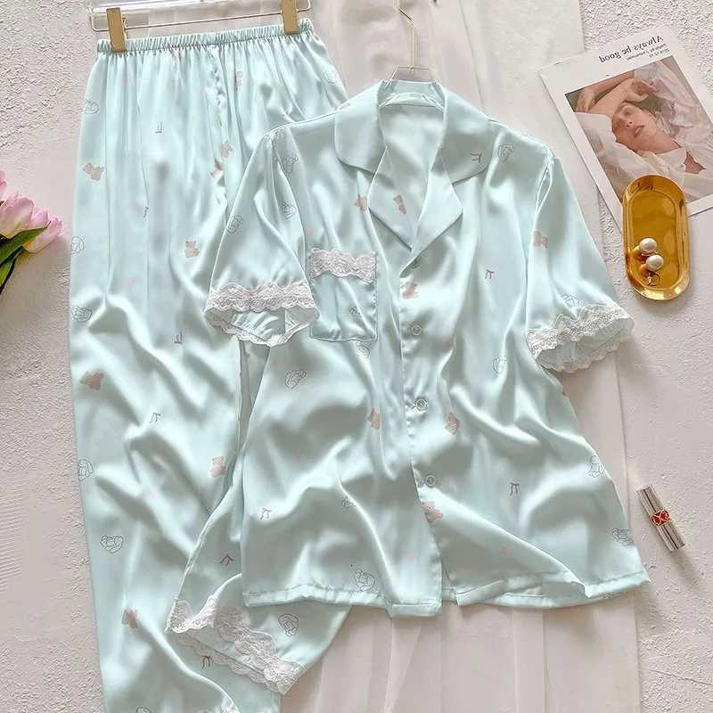 Bear Print Pajamas Women Cool Ice Silk Short Sleeve Pants Loungewear Cardigan Lace Fall and Winter TwoPiece Set Plus SizeT251029