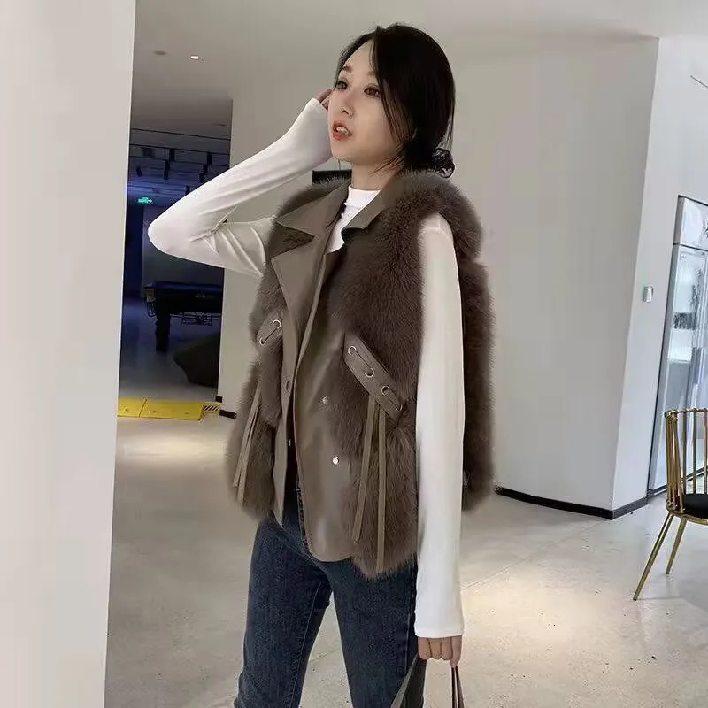 Faux Fur Plush Vests Women Loose Sleeveless Waistcoats Female Autumn Winter Fashion Outwears Lady PU Leather Fur Vest 251029