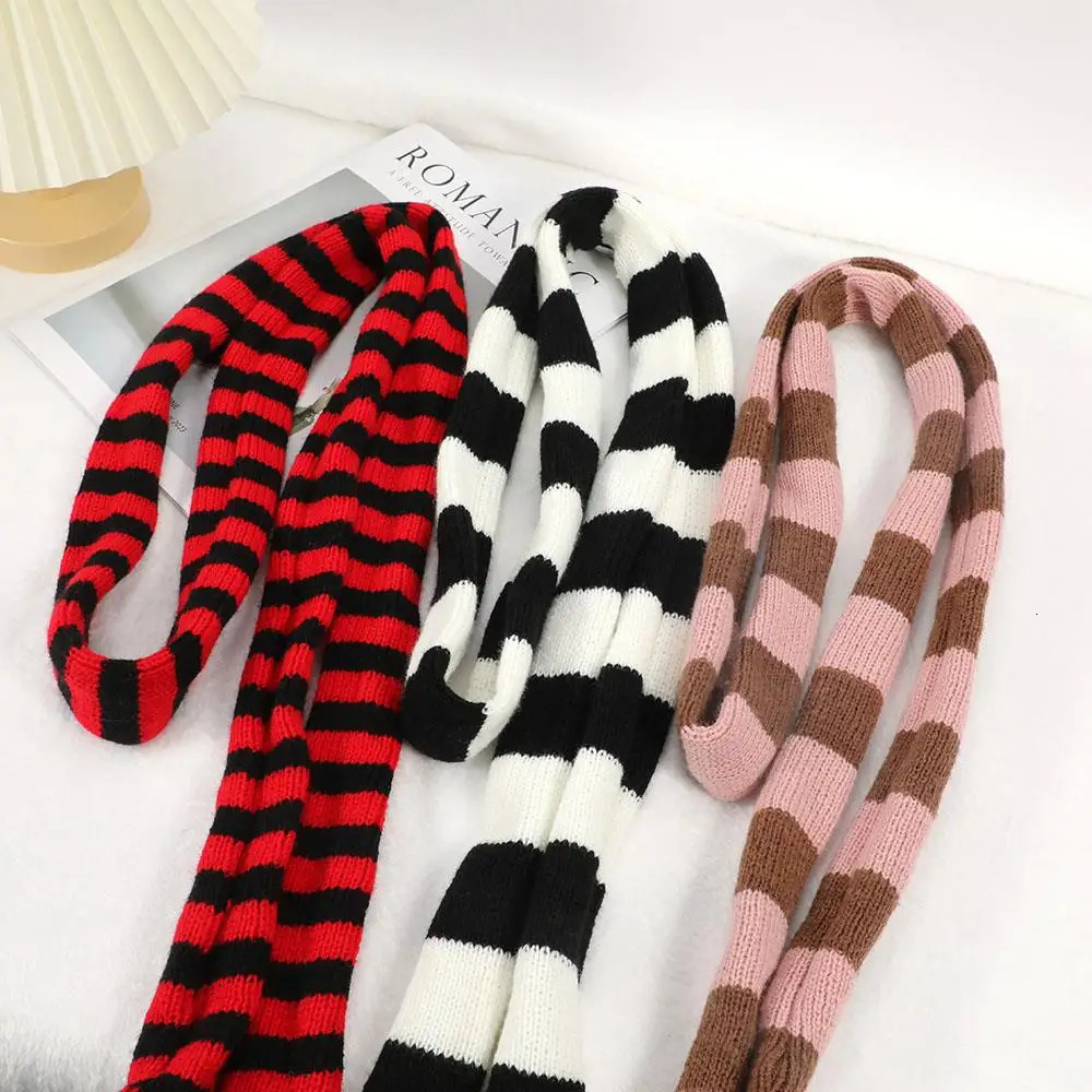 Red Stripe Soft Knitted Scarf Y2K Harajuku Knitted Long Scarves Korean Thick Warm Scarf Woman Decorative Neck Tie Neckerchief 251029